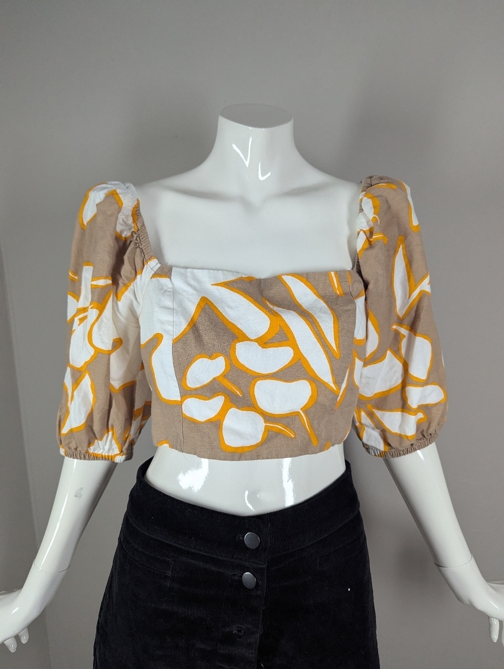 Dynamite Crop Top Small Linen Blend Puff Sleeve Tie Back Summer Top - Picture 3 of 7
